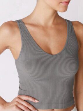 Nikibiki Medium Gray Ribbed V Neck Thick Strap Minimalist Tank Top OSFM